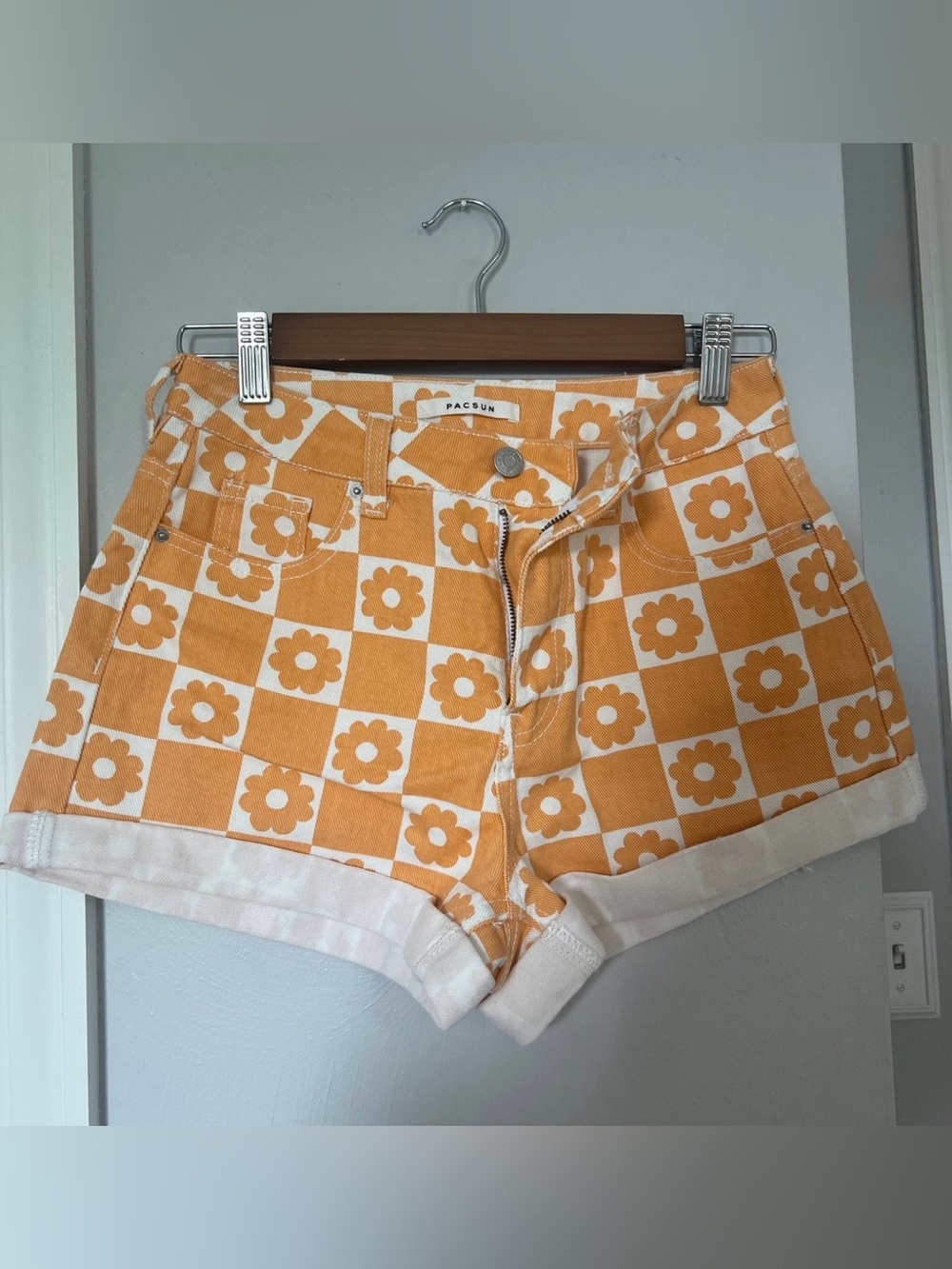 PacSun Orange & White Floral Check High-Rise Denim Shorts